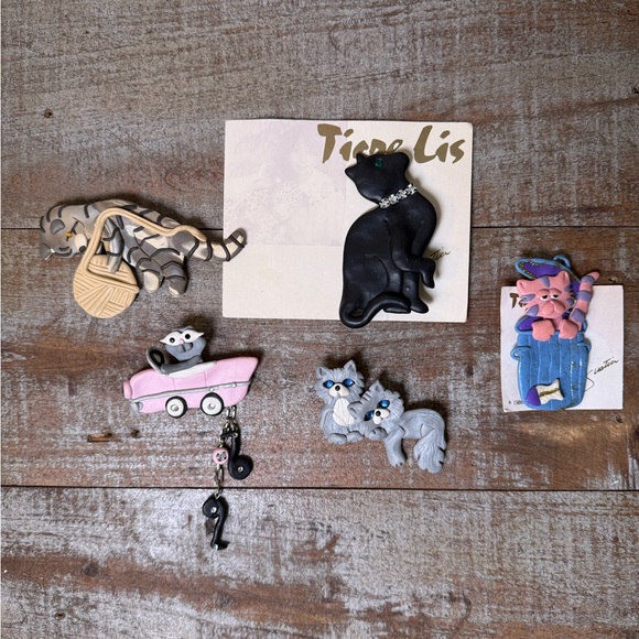 Vintage Cat Brooch Pin Lot Tigre Lis Polymer Clay Wearable Art Jewelry Handmade - Picture 3 of 12